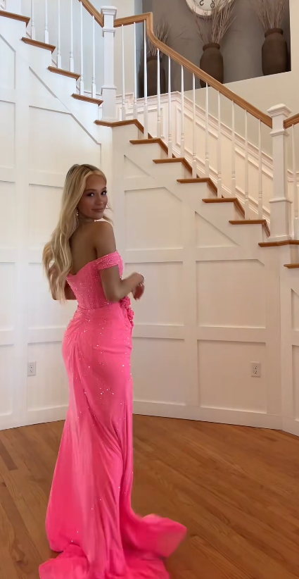 Charming Pink Prom Dress Sheath Off-shoulder Long Evening Dress ED10305