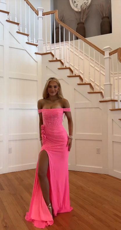 Charming Pink Prom Dress Sheath Off-shoulder Long Evening Dress ED10305