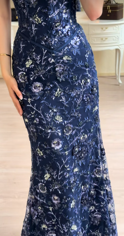 Charming Navy Blue Prom Dress Sheath Lace Beaded Long Evening Dress ED10309