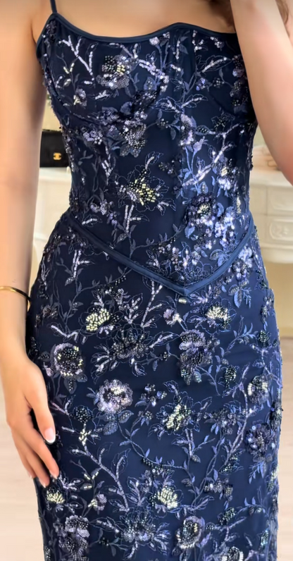 Charming Navy Blue Prom Dress Sheath Lace Beaded Long Evening Dress ED10309