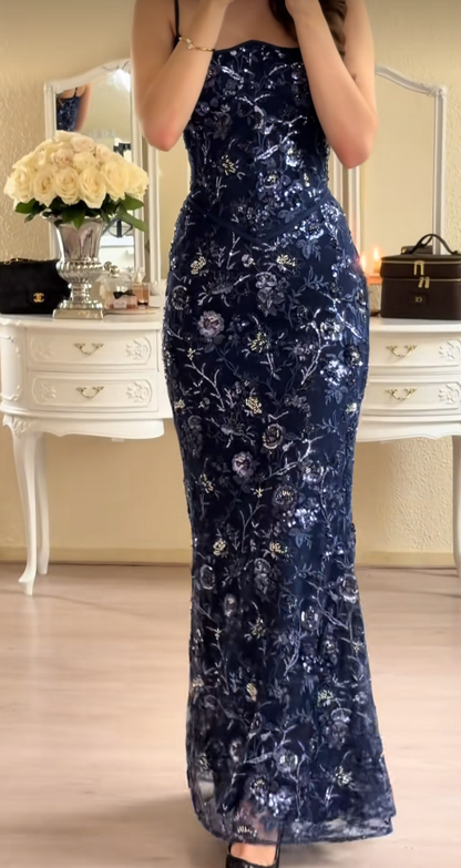 Charming Navy Blue Prom Dress Sheath Lace Beaded Long Evening Dress ED10309