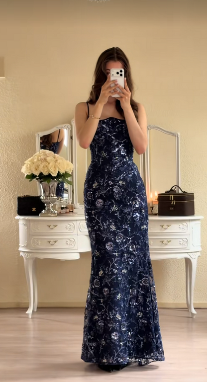 Charming Navy Blue Prom Dress Sheath Lace Beaded Long Evening Dress ED10309