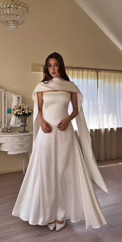 Charming White Prom Dress Sheath Satin Strapless Long Evening Dress ED10310