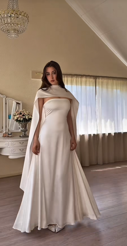 Charming White Prom Dress Sheath Satin Strapless Long Evening Dress ED10310