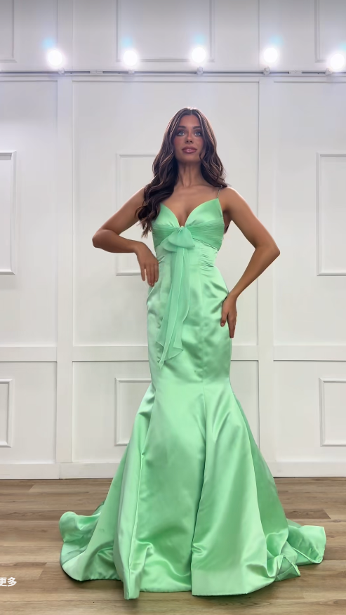 Charming Green Prom Dress Mermaid Satin Straps Long Evening Dress ED10313