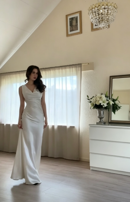 Charming White Prom Dress Sheath Satin Long Evening Dress ED10317