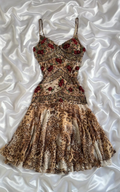 Vintage Leopard Print Short Homecoming Dress Sheath Chiffon Beaded Birthday Dress ED10323