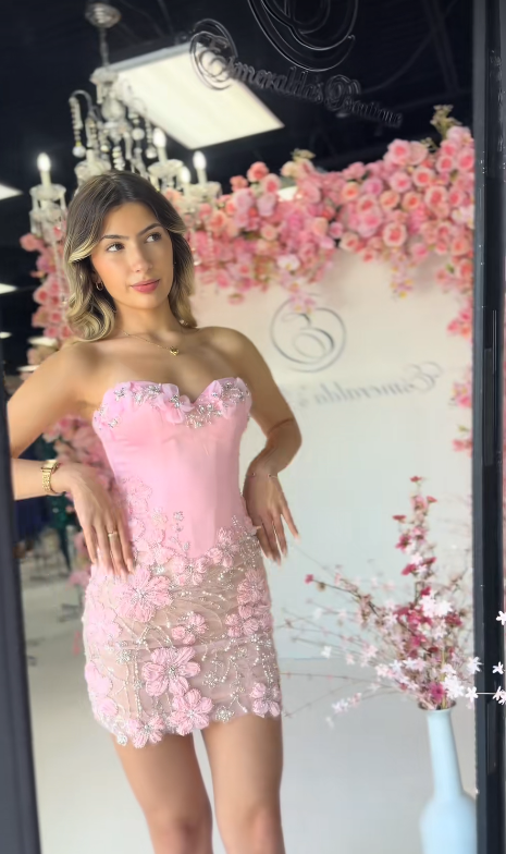 Fashion Pink Short Homecoming Dress Sheath Satin Beaded Birthday Dress ED10344