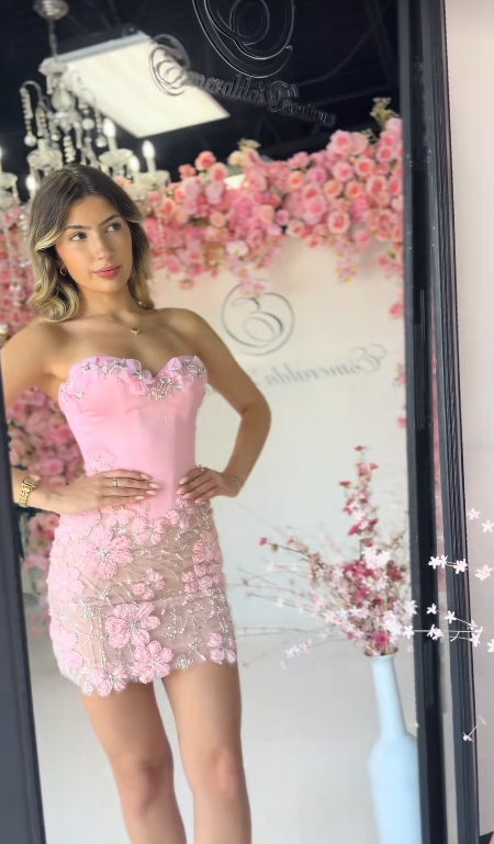 Fashion Pink Short Homecoming Dress Sheath Satin Beaded Birthday Dress ED10344