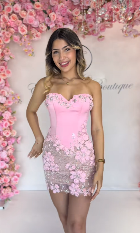 Fashion Pink Short Homecoming Dress Sheath Satin Beaded Birthday Dress ED10344