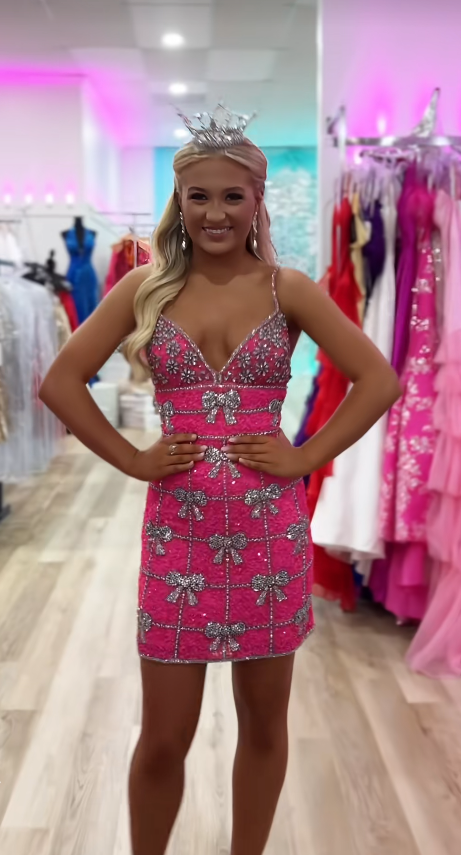 Fashion Pink Short Homecoming Dress Sheath Satin Beaded Birthday Dress ED10345