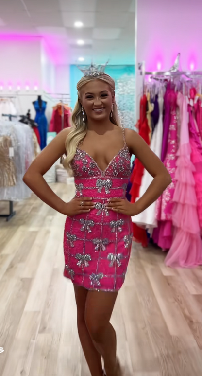 Fashion Pink Short Homecoming Dress Sheath Satin Beaded Birthday Dress ED10345