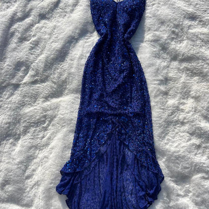 Chic Navy Blue Long Prom Dress Sheath Beaded Chiffon Evening Dress ED10348