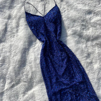 Chic Navy Blue Long Prom Dress Sheath Beaded Chiffon Evening Dress ED10348