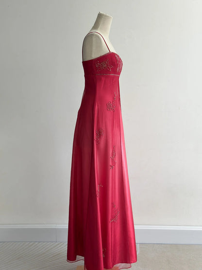 Chic Red Long Prom Dress Sheath Satin Chiffon Beaded Evening Dress ED10351