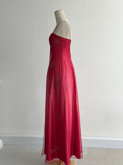 Chic Red Long Prom Dress Sheath Satin Chiffon Beaded Evening Dress ED10351