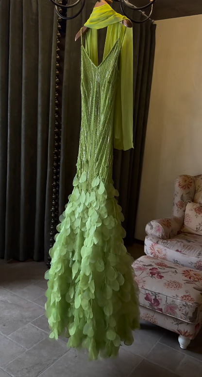 Chic Green Long Prom Dress Sheath Chiffon Beaded Evening Dress ED10363