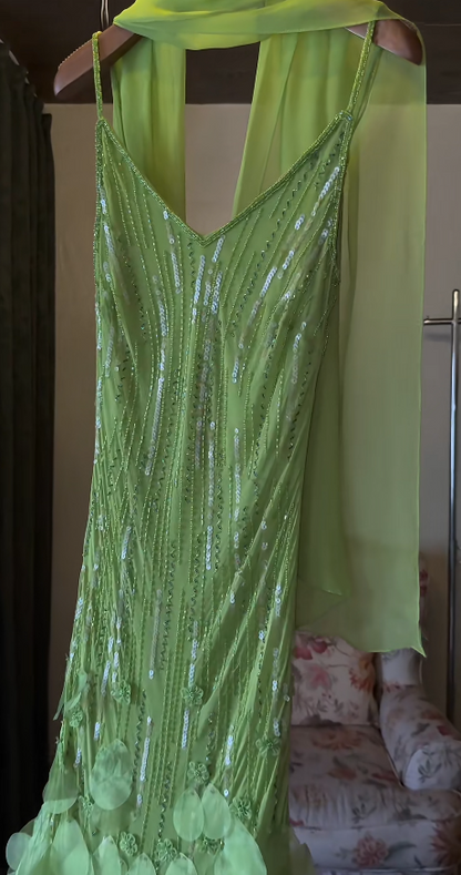 Chic Green Long Prom Dress Sheath Chiffon Beaded Evening Dress ED10363