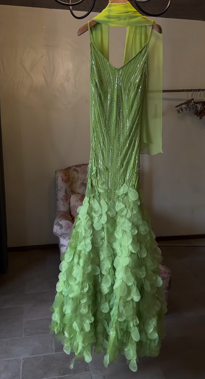 Chic Green Long Prom Dress Sheath Chiffon Beaded Evening Dress ED10363