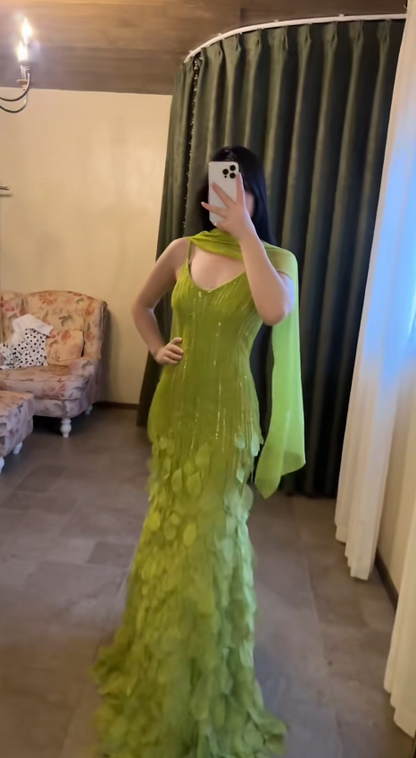 Chic Green Long Prom Dress Sheath Chiffon Beaded Evening Dress ED10363