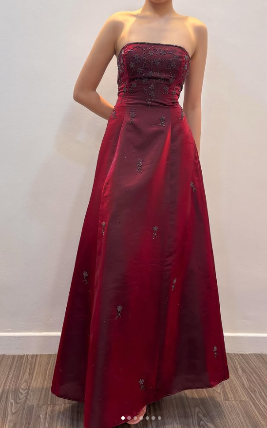 Chic BurgundyLong Prom Dress A-Line Beaded Satin Evening Dress ED10371