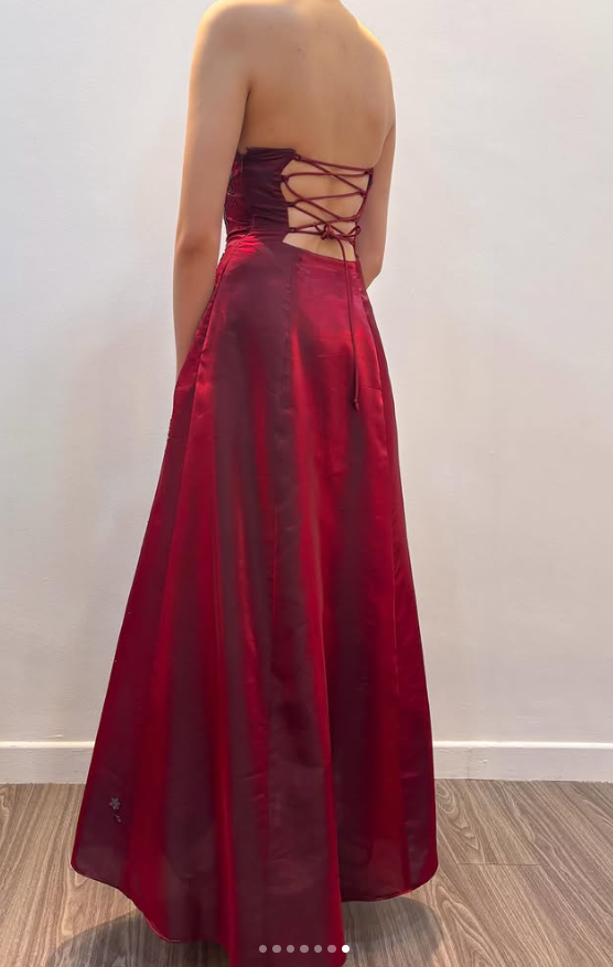Chic BurgundyLong Prom Dress A-Line Beaded Satin Evening Dress ED10371