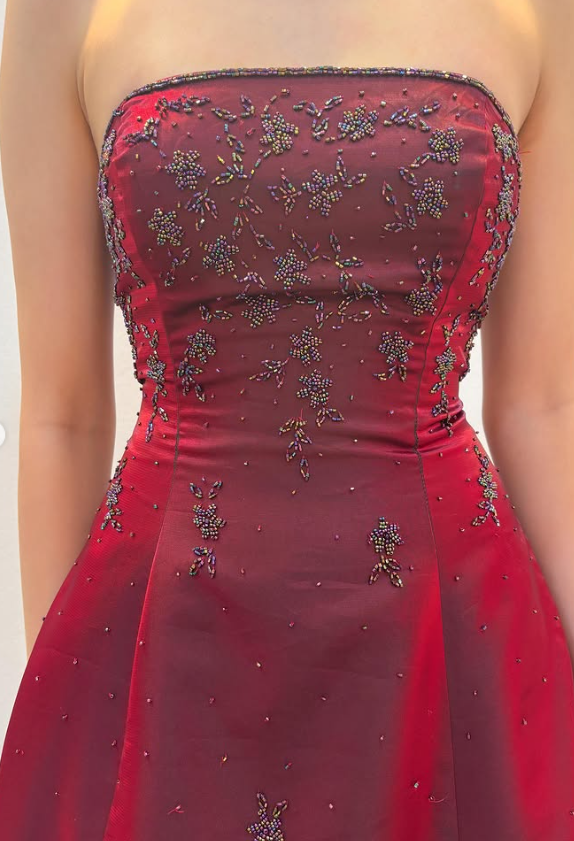 Chic BurgundyLong Prom Dress A-Line Beaded Satin Evening Dress ED10371