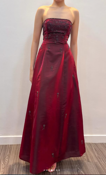 Chic BurgundyLong Prom Dress A-Line Beaded Satin Evening Dress ED10371