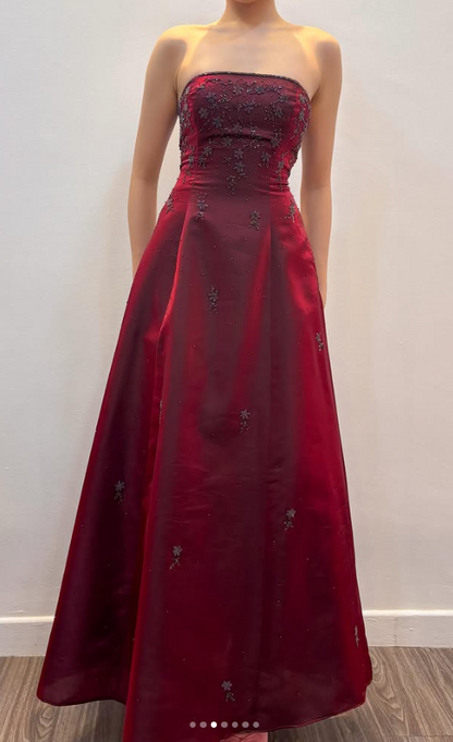 Chic BurgundyLong Prom Dress A-Line Beaded Satin Evening Dress ED10371