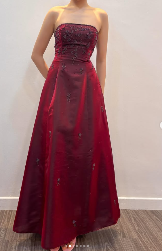 Chic BurgundyLong Prom Dress A-Line Beaded Satin Evening Dress ED10371