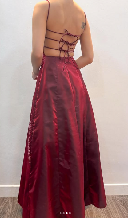 Chic Burgundy Long Prom Dress A-Line Beaded Satin Evening Dress ED10372