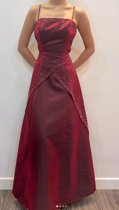 Chic Burgundy Long Prom Dress A-Line Beaded Satin Evening Dress ED10372