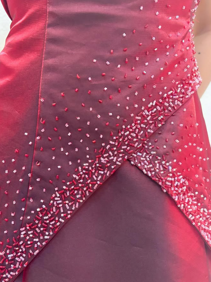 Chic Burgundy Long Prom Dress A-Line Beaded Satin Evening Dress ED10372