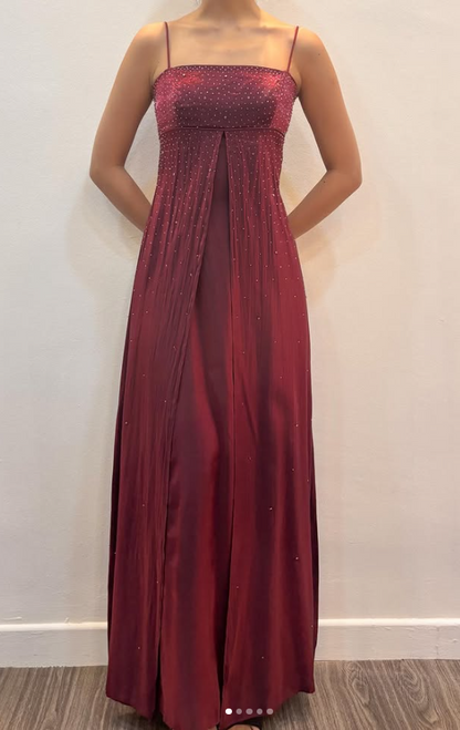 Chic Burgundy Long Prom Dress Sheath Beaded Satin Evening Dress ED10373