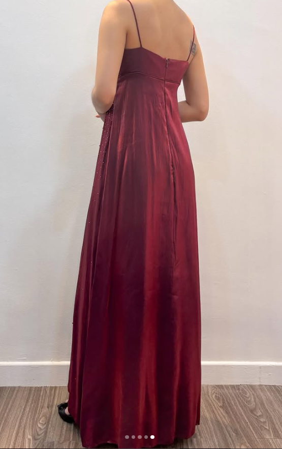 Chic Burgundy Long Prom Dress Sheath Beaded Satin Evening Dress ED10373
