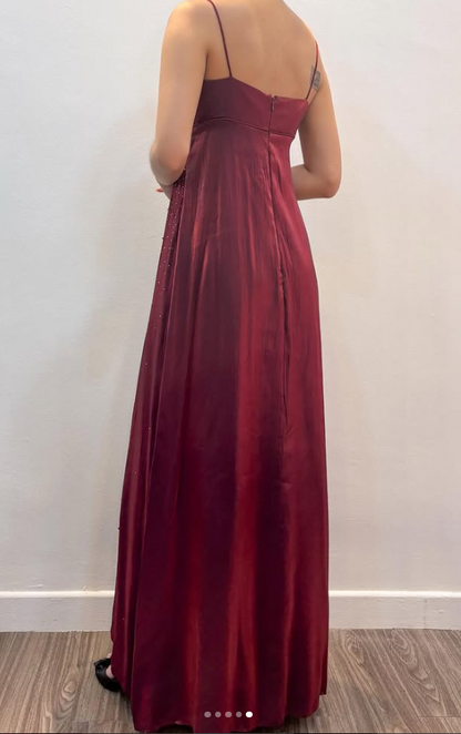 Chic Burgundy Long Prom Dress Sheath Beaded Satin Evening Dress ED10373