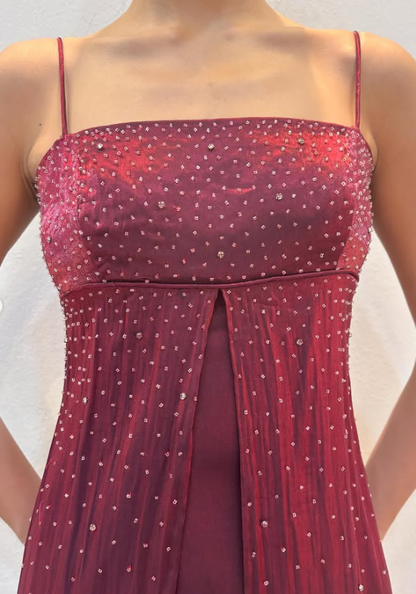 Chic Burgundy Long Prom Dress Sheath Beaded Satin Evening Dress ED10373