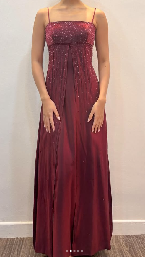 Chic Burgundy Long Prom Dress Sheath Beaded Satin Evening Dress ED10373
