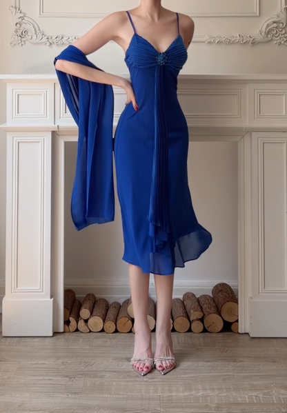 Chic Blue Long Prom Dress Sheath Chiffon Evening Dress ED10378