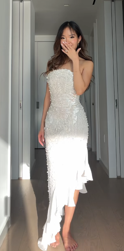 Chic White Long Prom Dress Sheath Beaded Chiffon Evening Dress ED10379