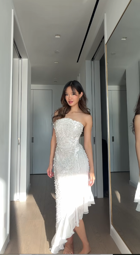 Chic White Long Prom Dress Sheath Beaded Chiffon Evening Dress ED10379