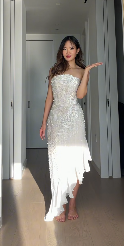 Chic White Long Prom Dress Sheath Beaded Chiffon Evening Dress ED10379