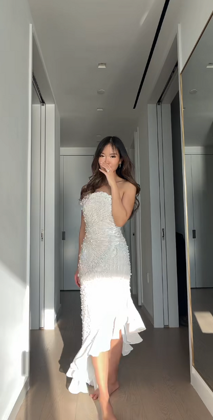 Chic White Long Prom Dress Sheath Beaded Chiffon Evening Dress ED10379