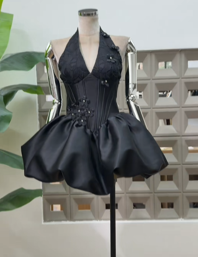 Fashion Black Short Homecoming Dress A-Line Satin Birthday Dress ED10380