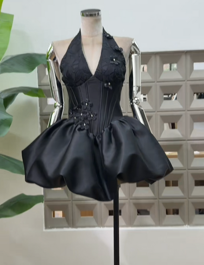 Fashion Black Short Homecoming Dress A-Line Satin Birthday Dress ED10380