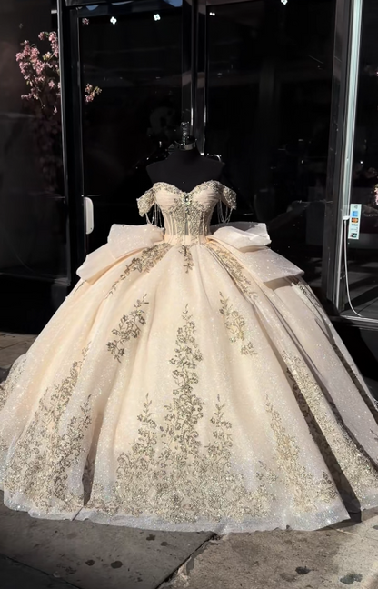 Robe de bal de fée jaune pâle, robe de Quinceañera en tulle avec appliqués pour Sweet 16 ED10384