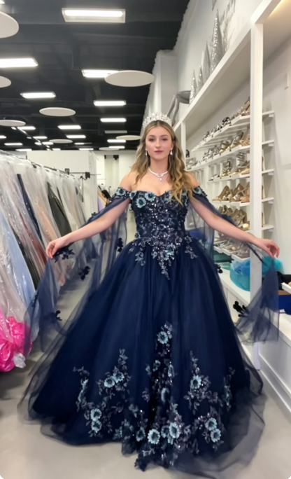 Fairy Navy Blue Ball Gown Sweet 16 Dress Tulle Applique Quinceanera Dress ED10385