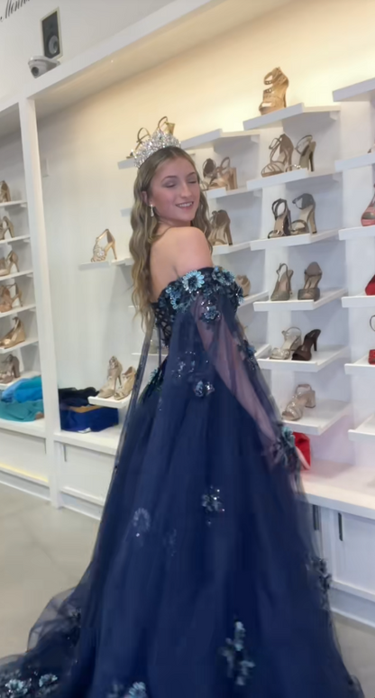 Fairy Navy Blue Ball Gown Sweet 16 Dress Tulle Applique Quinceanera Dress ED10385