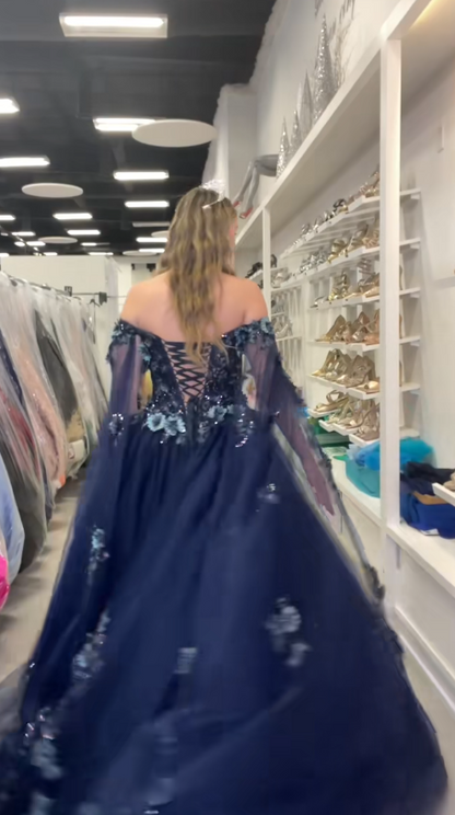 Fairy Navy Blue Ball Gown Sweet 16 Dress Tulle Applique Quinceanera Dress ED10385