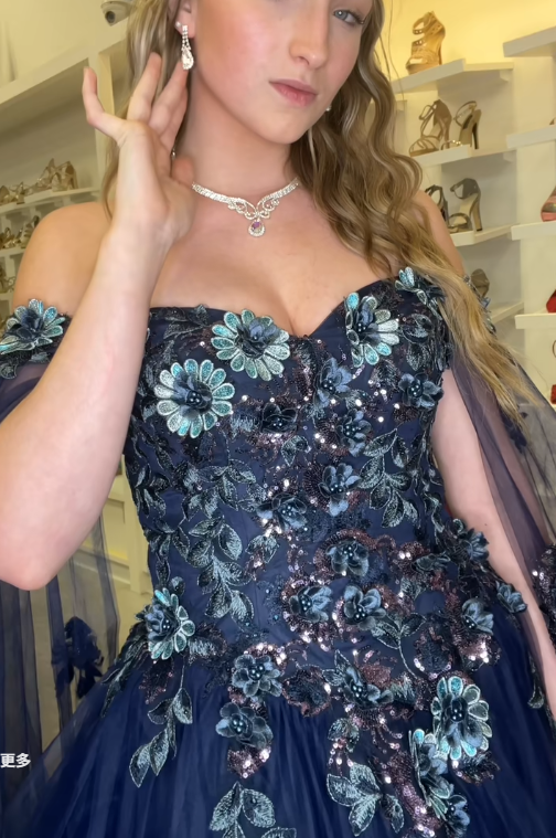 Fairy Navy Blue Ball Gown Sweet 16 Dress Tulle Applique Quinceanera Dress ED10385